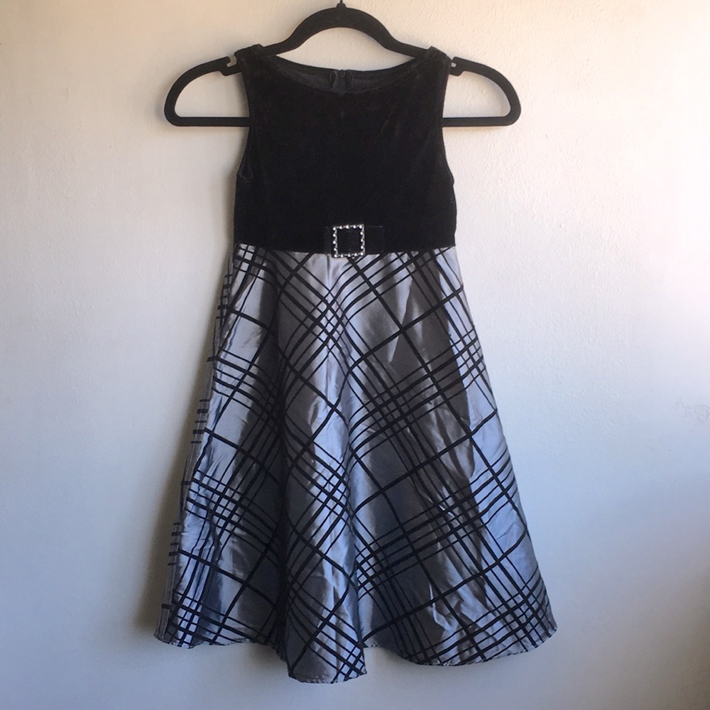 Perfectly Dressed Sz 7 Holiday Black Velvet Silver Sateen Zip Up Party Dress